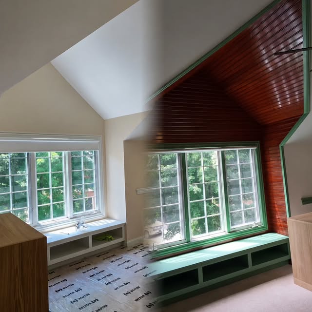 Painted green millwork with stained wood ceiling by Advanced Carpentry Services